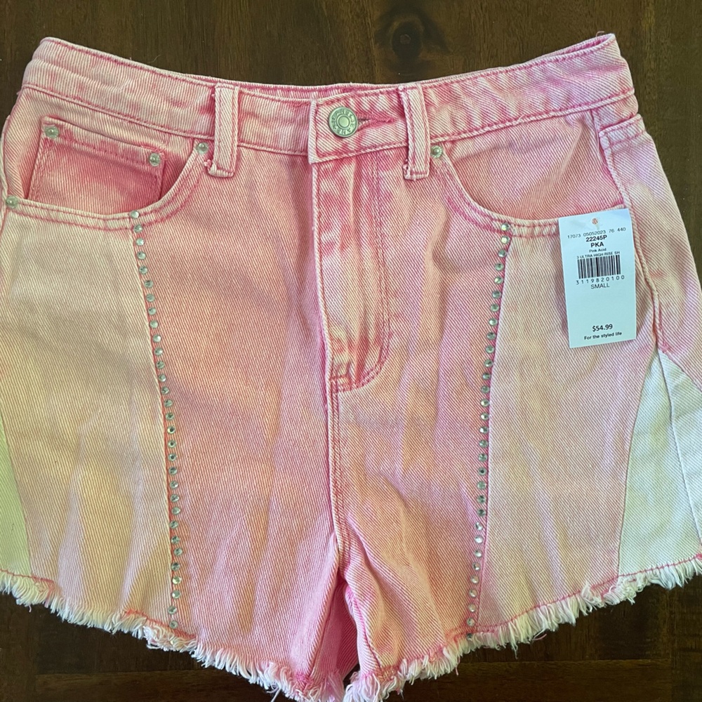 Pink Distressed Jean Shorts with Frayed Hem, NWT, size small